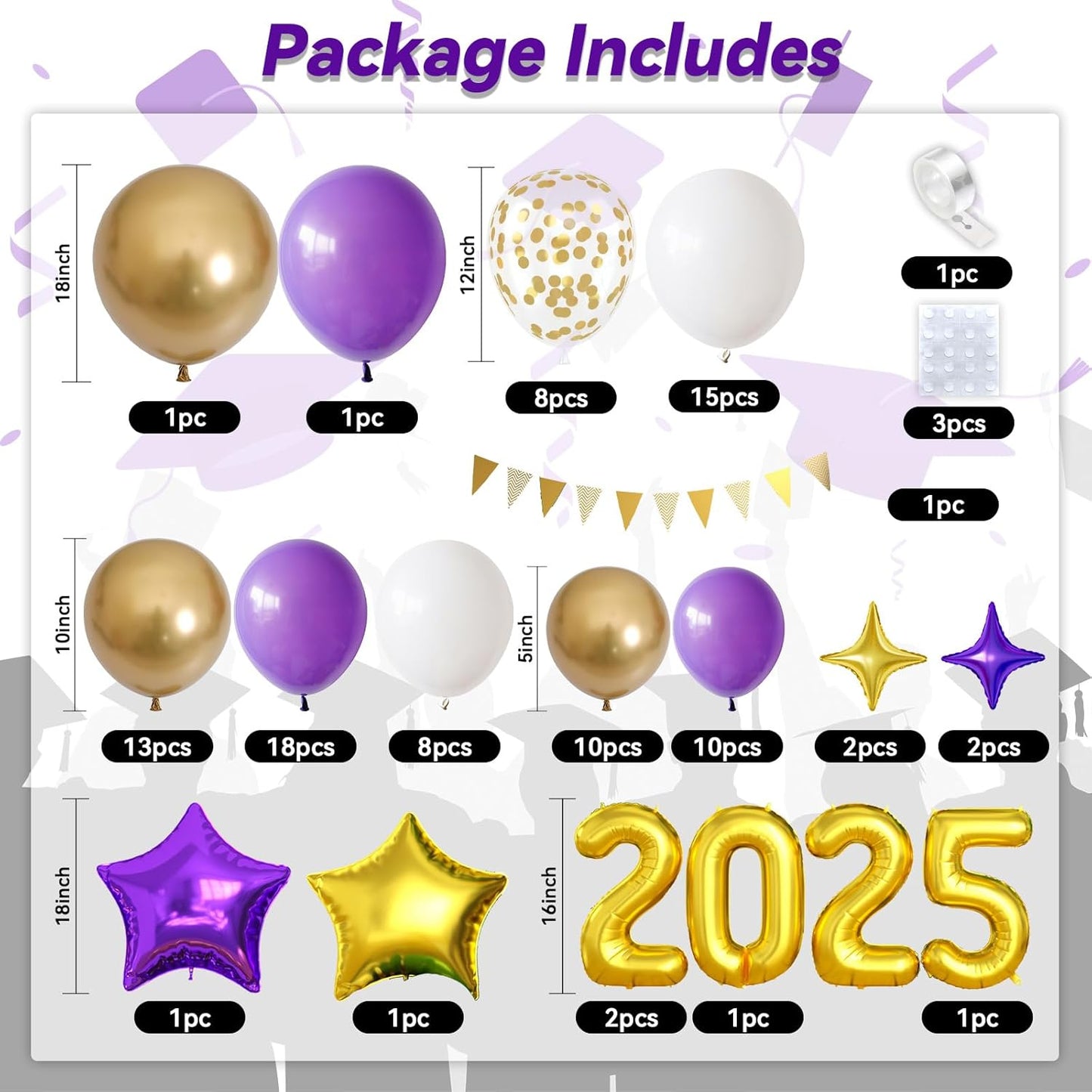 Purple Gold White Balloons Arch Kit with Star Balloon Pennant Flag Bunting 2025 Foil Balloon Banner Purple Gold Confetti Balloons Garland for Class of 2025 Graduation Theme Birthday Party Supplies