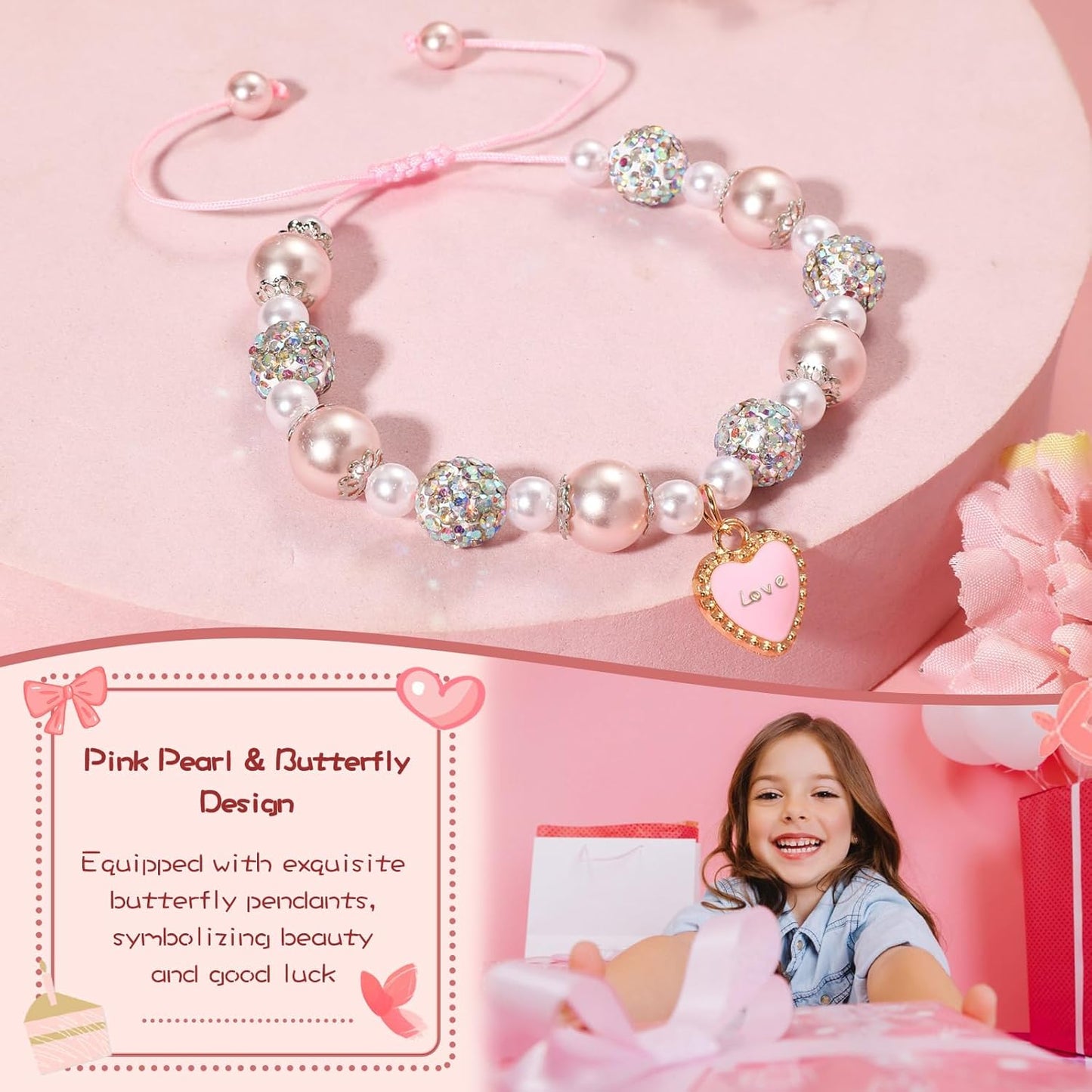 Artlunar Pink Pearl Butterfly Bracelet for Girls, Adjustable Sliding Knot (5.2”-9”) Stainless Steel & Pearl Charm – Kids Birthday Gift Jewelry for Daughter, Granddaughter, Niece