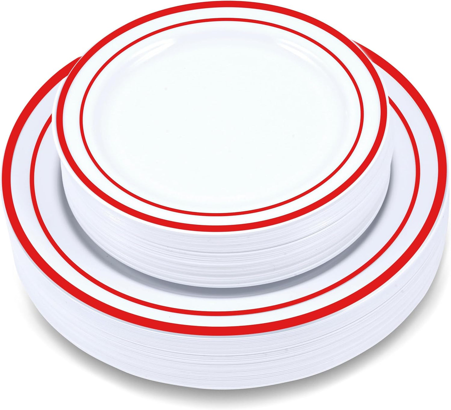 60 Pieces White Plastic Disposable Plates - Premium Heavy-Duty 30 Dinner Plates & 30 Salad Plates with Red Rim Ideal for Party, Birthday and Special Events