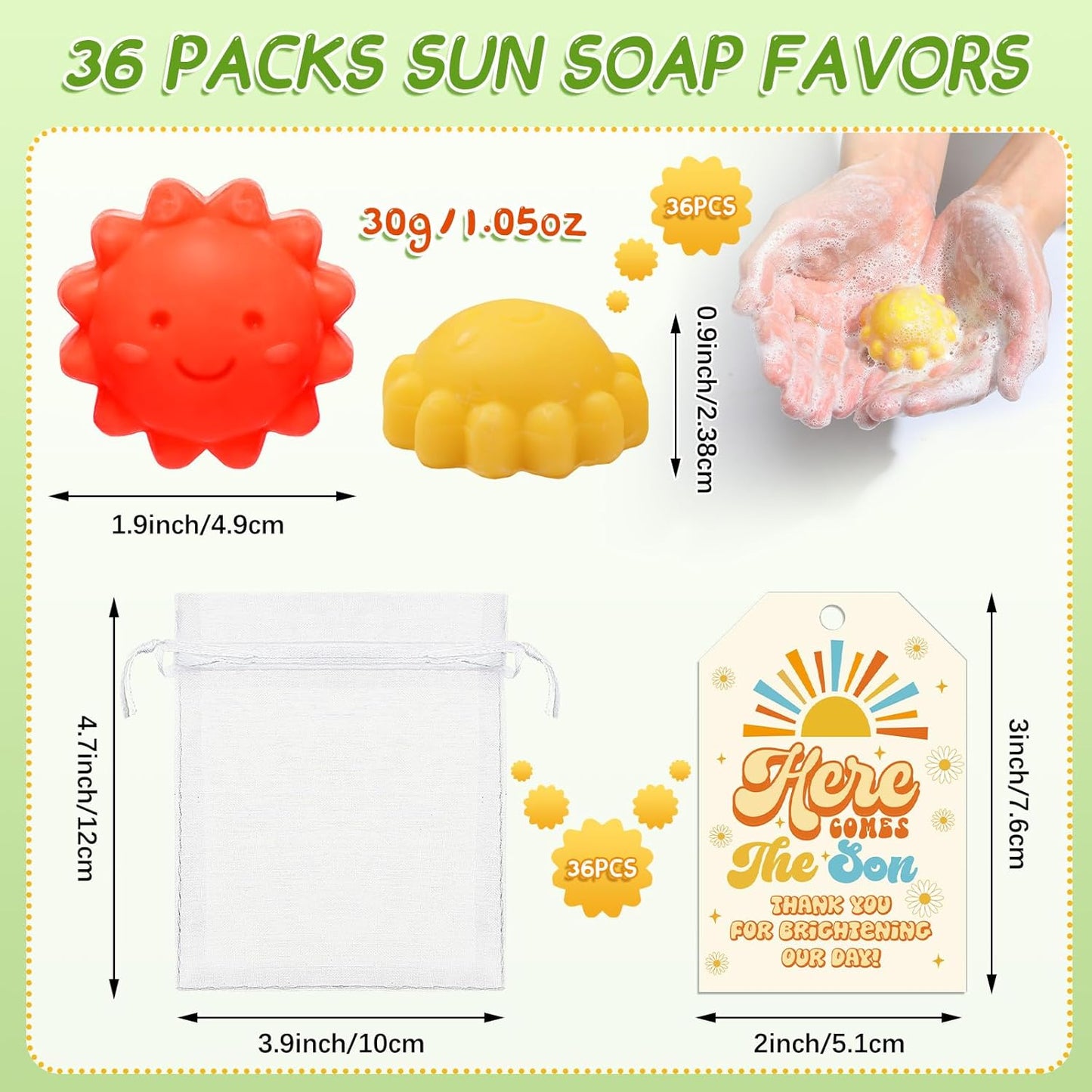 Loopeer 36 Sets Sun Soaps for Baby Shower Party Favors Mini Handmade Sunshine Soap Gifts with Thank You Card for Guest Gender Reveal Party Decor (Yellow, Blue, Orange)