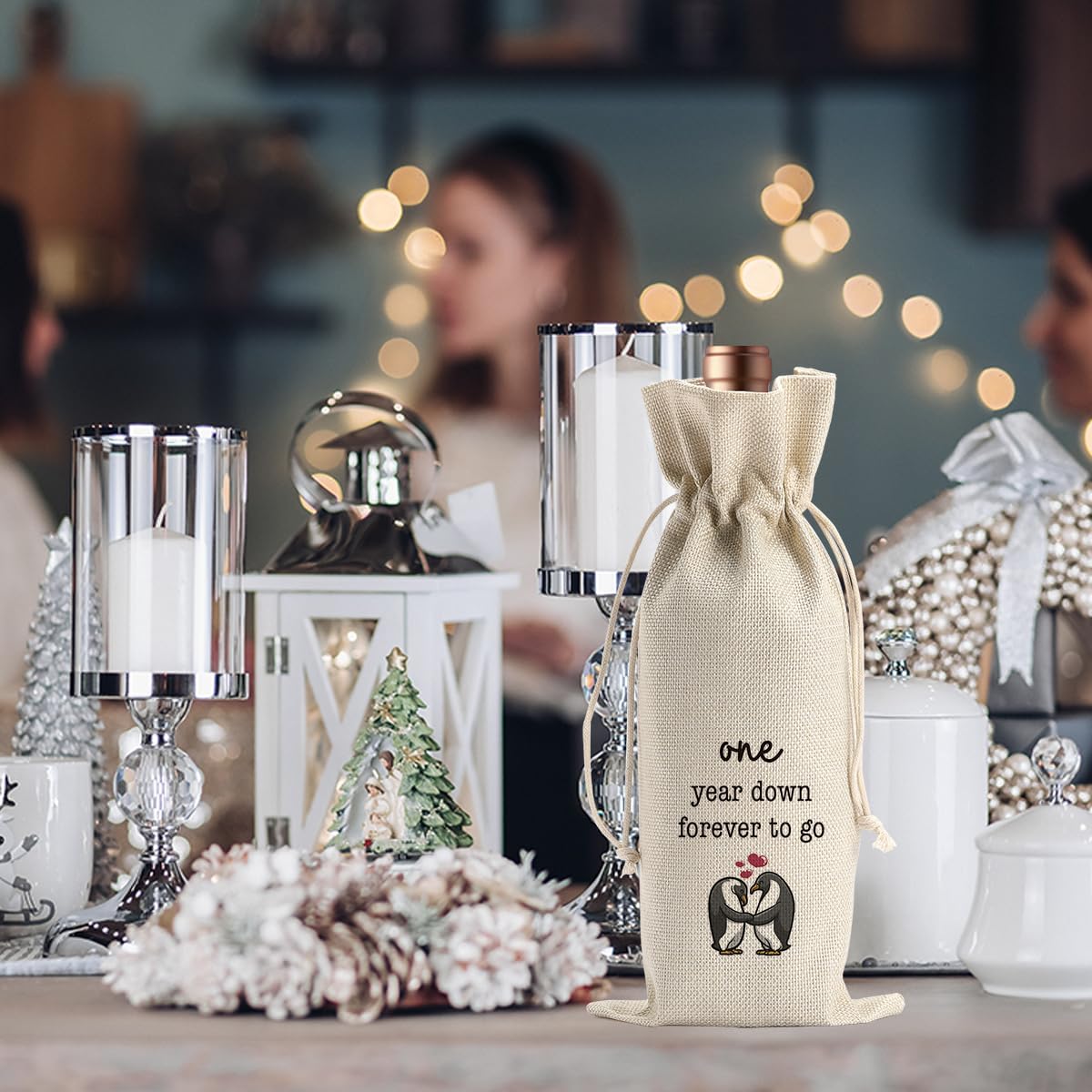 Gifts for First Anniversary for Couple Parents Husband Wife Vow Renewal Gifts One Year Down Forever to Go 1 year Wedding Anniversary Wine Gift Bag