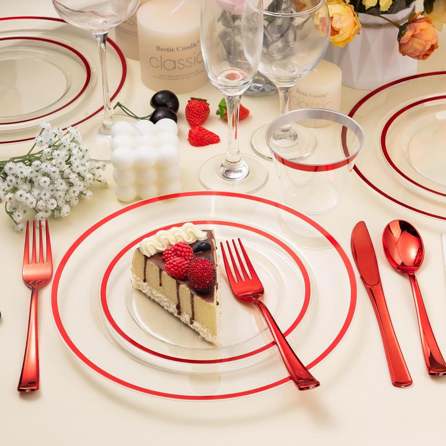 350PCS Red and Clear Plastic Dinnerware Sets for 50 Guests, Include 100 Red Disposable Party Plates, 100 Forks, 50 Knives, 50 Spoons, 50 Cups,christmas party supplies