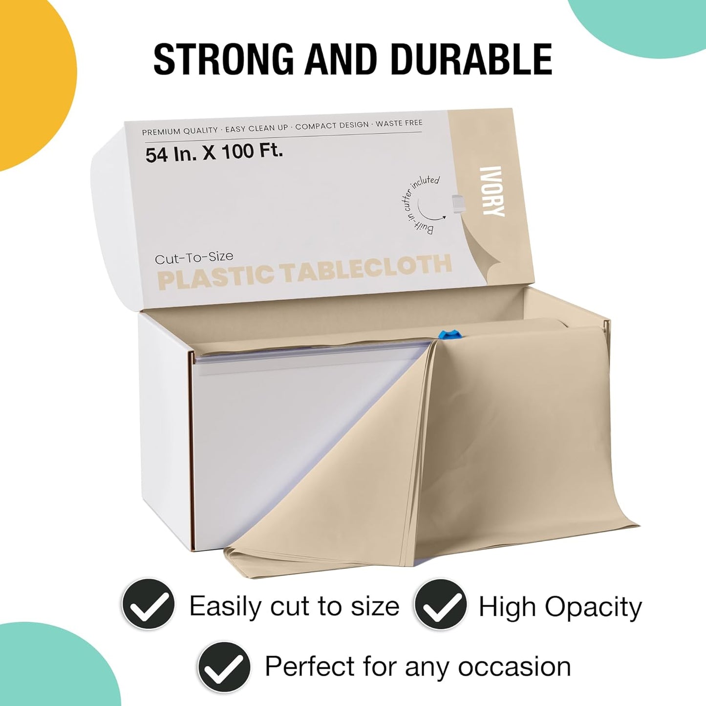 Party Solids 54 Inch X 100 Feet Ivory Plastic Table Cover Roll in A Cut - to - Size Box with Convenient Slide Cutter. Cuts Up to 12 Rectangle 8 Feet Plastic Disposable Tablecloths