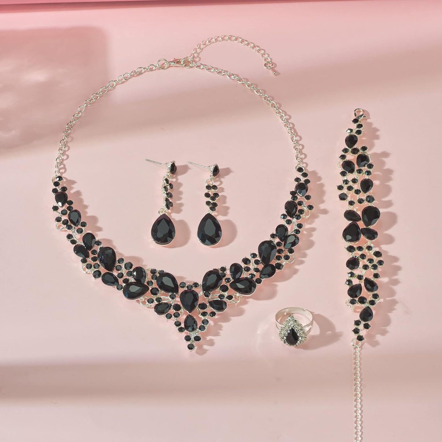 Crystal Bridal Wedding Jewelry Sets for Women Rhinestone Teardrop Crystal Statement Choker Necklace Drop Earrings Link Bracelets Rings Teardrop Jewelry Set for Brides Bridesmaids