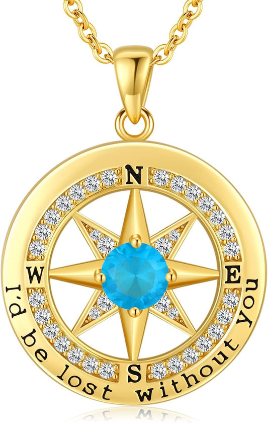 S925 Necklace Gift for Wife |Compass Jewelry |Women Anniversary |Sterling Silver |Girlfriend Birthday Gifts for Her Valentines |I'd be Lost without You |Jewel 18K Gold