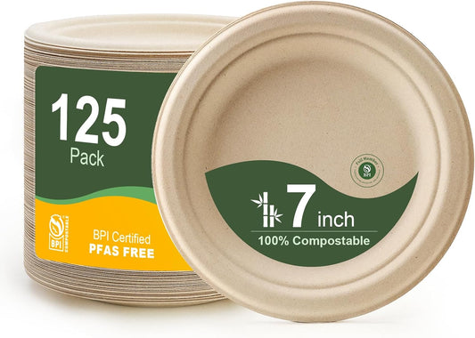 WELLIFE 7 Inch Paper Plates, 125-Pack Small Dessert Paper Plates Bulk, 100% Compostable Biodegradable Bagasse, Eco-Friendly Disposable Plate for Dessert,BBQ,Picnic,Party (BPI Certified,Microwaveable)