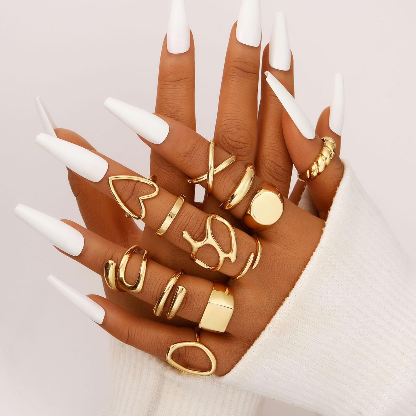 FAXHION 12PCS Gold Stackable Rings Set for Women, 18K Gold Plated Open Stacking Knuckle Ring, Adjustable Chunky Signet Band Statement Ring for Gift