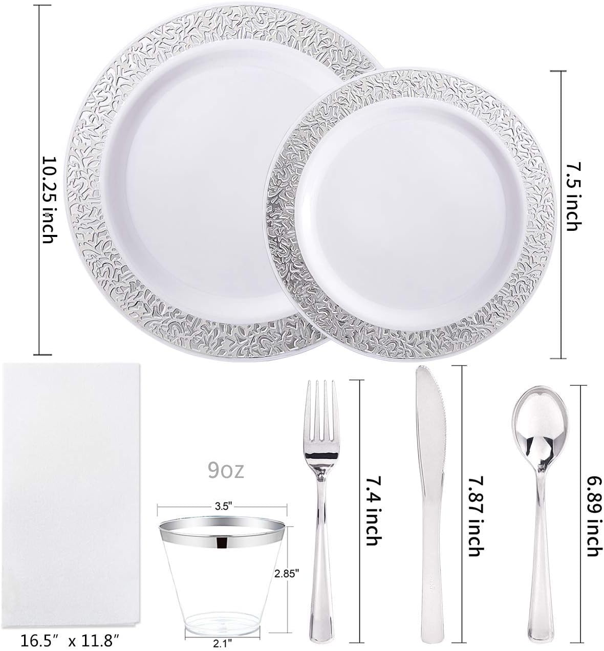 WELLIFE 700 Pieces Silver Disposable Plastic Dinnerware, Includes:100 Dinner Plates, 100 Dessert Plates, 100 Cups, 400 Pre Rolled Napkins with Silver Cutlery