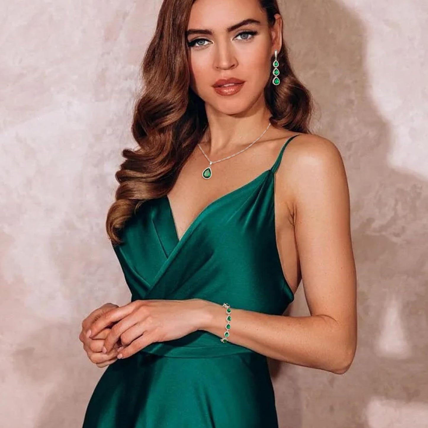 EleQueen Water Drop Pendant Necklace Long Dangle Earrings Tennis Bracelet Set, Sparkle Cubic Zirconia Teardrop Wedding Jewelry Sets for Bride Bridesmaid