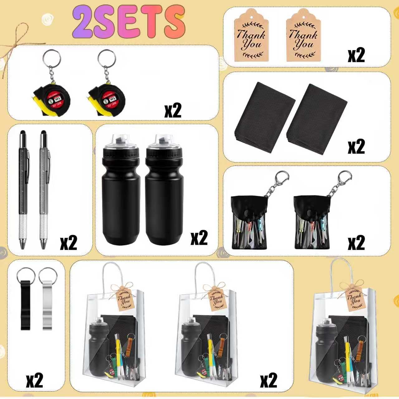 2 Sets Baby Shower Prizes for Men with Kettle Ruler Pen Cooling Towel Tool Kit Bottle Opener Cardboard Hemp Rope Plastic Bag for Baby Shower Game Winners Men Bachelor Party