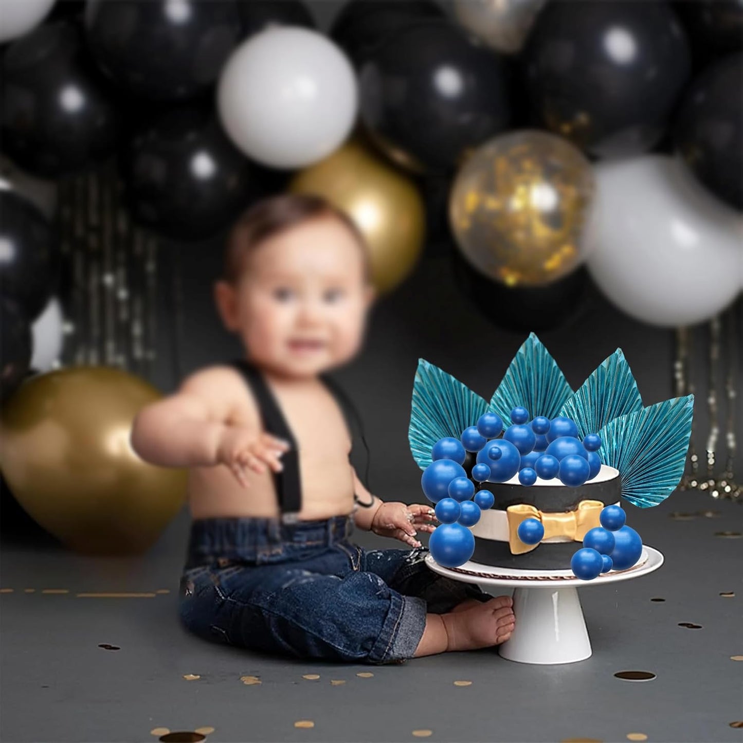 Ephlyn 28Pcs Paper Palm Fan Cake Topper Balls Cake Pick for Baby Shower Wedding Bridal Shower Birthday Party DIY Party Cake Decorations Supplies Dark Blue