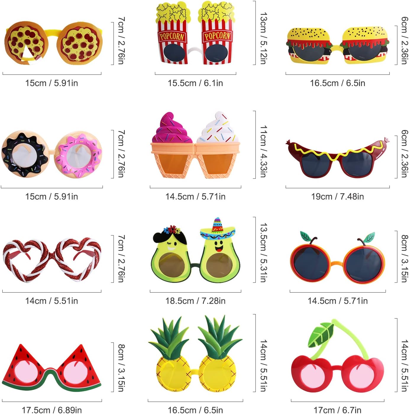 Funny Luau Donut Sunglasses - 12 Pack Novelty Tropical Fancy Glasses, Photo Booth Props for Summer Themed Party Supplies, Pizza Ice Cream Fruit Fun Masks