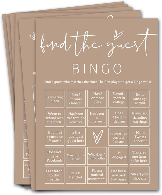 Bridal Shower Games Cards, 25Pcs Prefilled Find The Guest Bingo Game Cards, Engagement Party Games for Guests, Minimalist Brown Wedding Party Supplies - D19