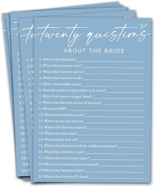 Bridal Shower Games Cards, Twenty Questions About The Bride, Bridal Shower Games 25 Guests, Engagement Party Wedding Games for Guests, Minimalist Blue Wedding Party Supplies - B05