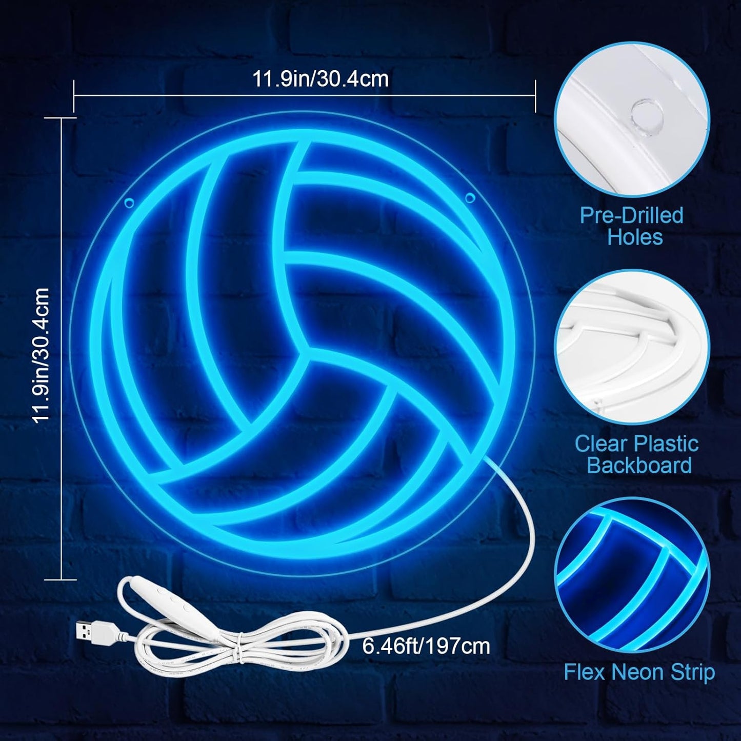 Volleyball Neon Sign, LED Volleyball Neon Light Sign for Wall Decor, Dimmable USB-Powered with ON/OFF Switch for Bedroom, Living Room, Game Room, Club, Kids' Holiday Gifts