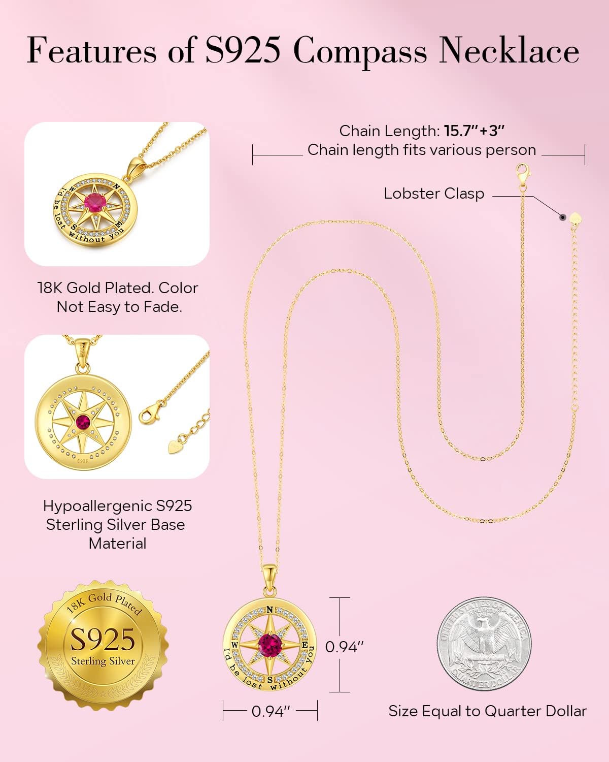 S925 Necklace Gift for Wife |Compass Jewelry |Women Anniversary |Sterling Silver |Girlfriend Birthday Gifts for Her Valentines |I'd be Lost without You |Jewel 18K Gold