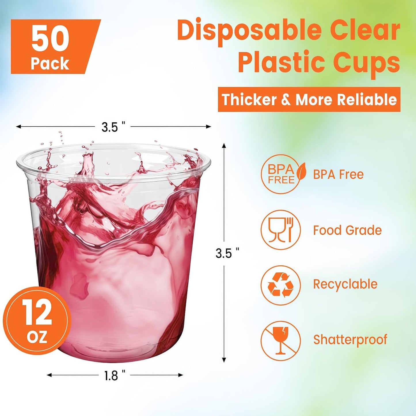 50 Pcs Disposable Stemless Wine Glasses, 12 Oz Clear Plastic Cold Drinking Cups Party Cups for Wedding, Meeting, Catering, Cocktail
