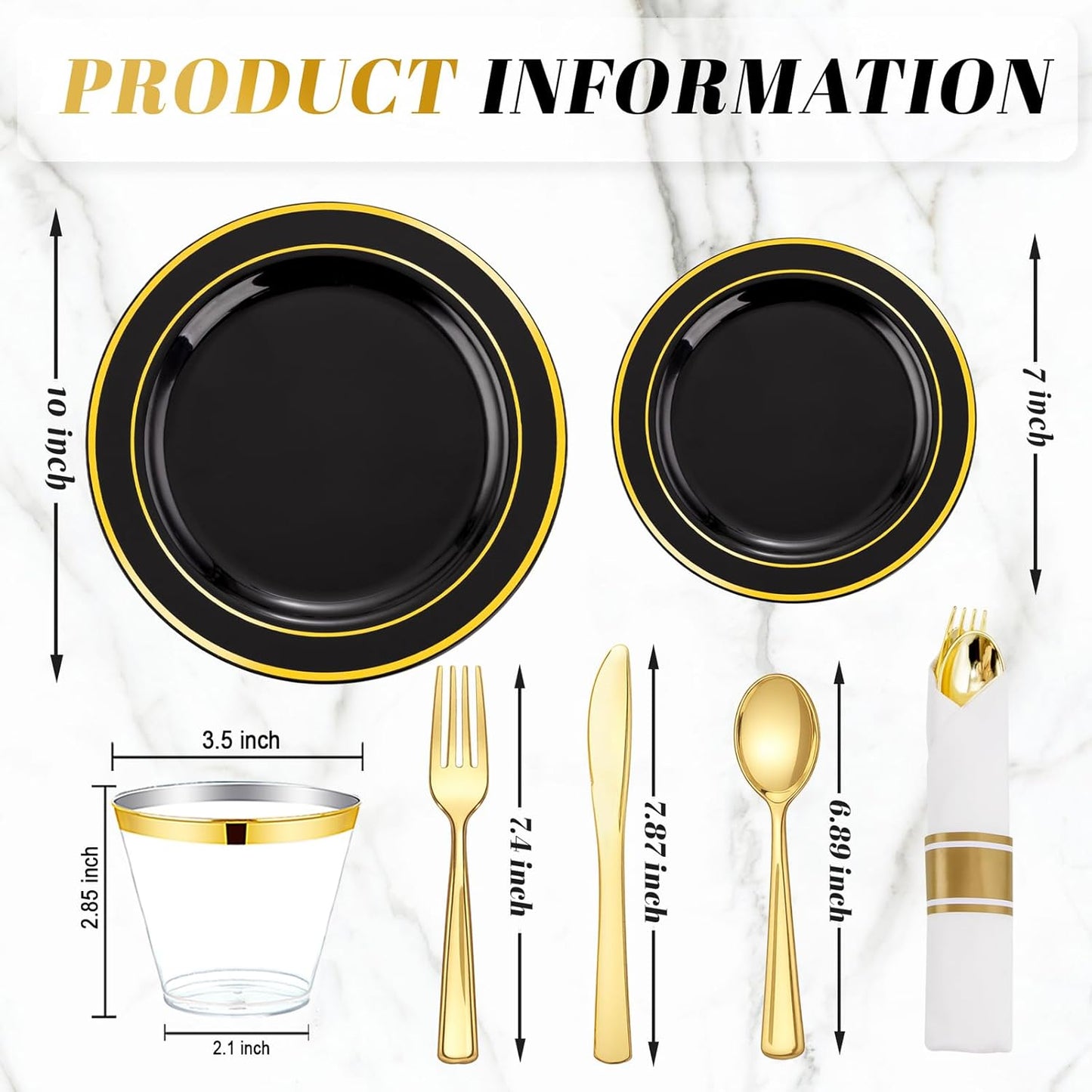 175PCS Black and Gold Plates - Black Disposable Plates for Party - 25Guests Disposable Dinnerware Set for New Year/Wedding