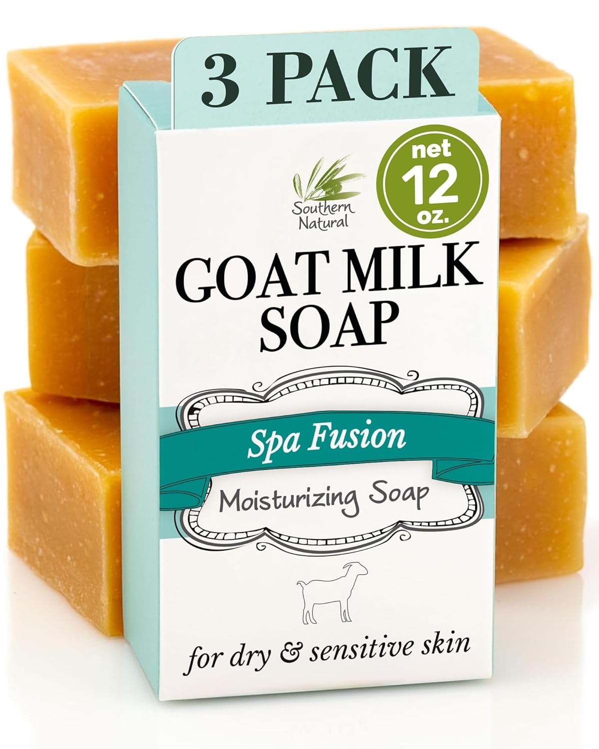 Southern Natural Goat Milk Soap Bar - 3 Pack Essential Oil Blend - For Dry Sensitive Skin. Natural Handmade Face & Body Soap For Men & Women. (Net 12 oz)