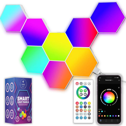 8-Pack RGB Hexagon Led Lights - Wall Panels with APP & Remote Control, Cool Music Sync - Multicolor 8PCS for Gaming, Living & Bedroom