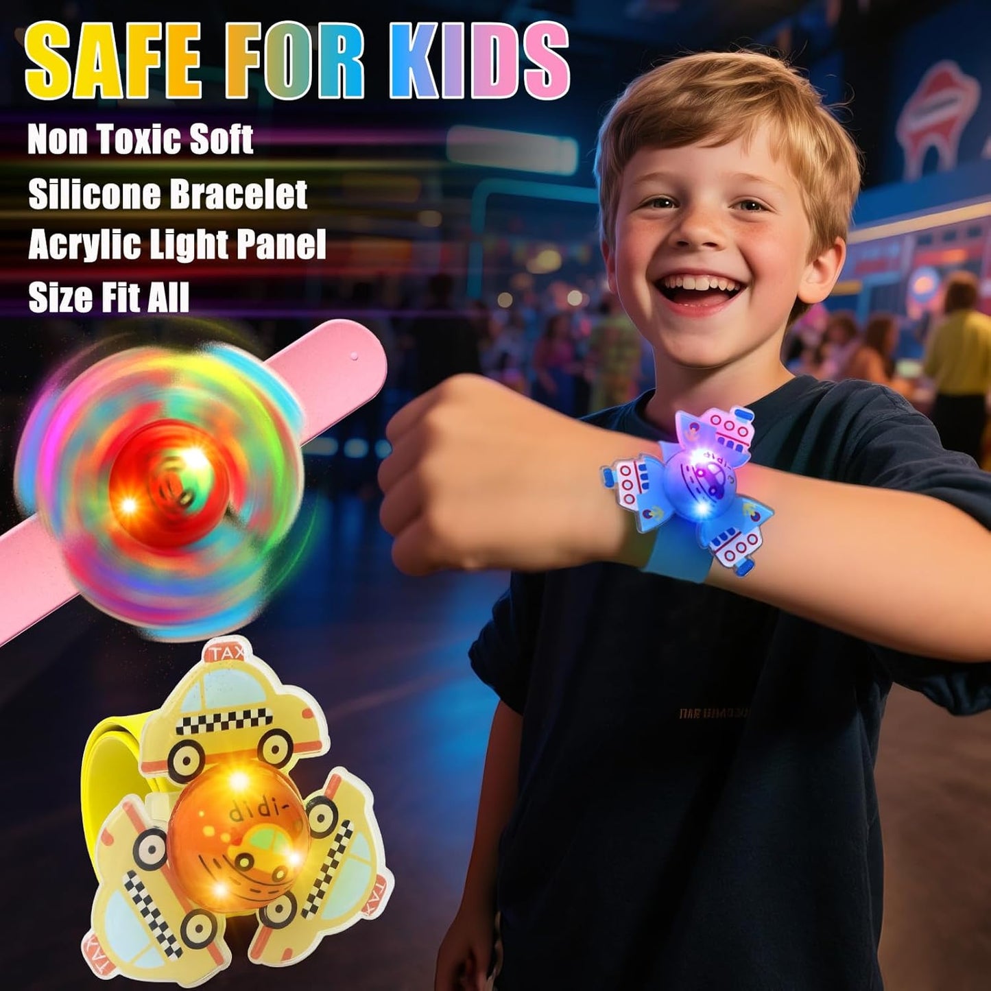 12Pcs LED Light Up Rotating Slap Bracelets Car Party Favors Glow Bracelets, Transportation Glow In The Dark Party Supplies Birthday Gifts Goodie Bag Stuffers Classroom Rewards for Kids Boys Girls