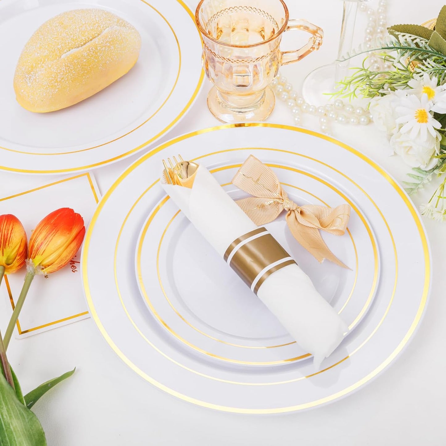 DaYammi 210PCS Gold Plastic Dinnerware Set Thanksgiving Plates Disposable Disposable Plates for Party, Include: 30 Dinner Plates, 30 Dessert Plates, 30 Pre Rolled Napkins with Gold Silverware, 30 Cups