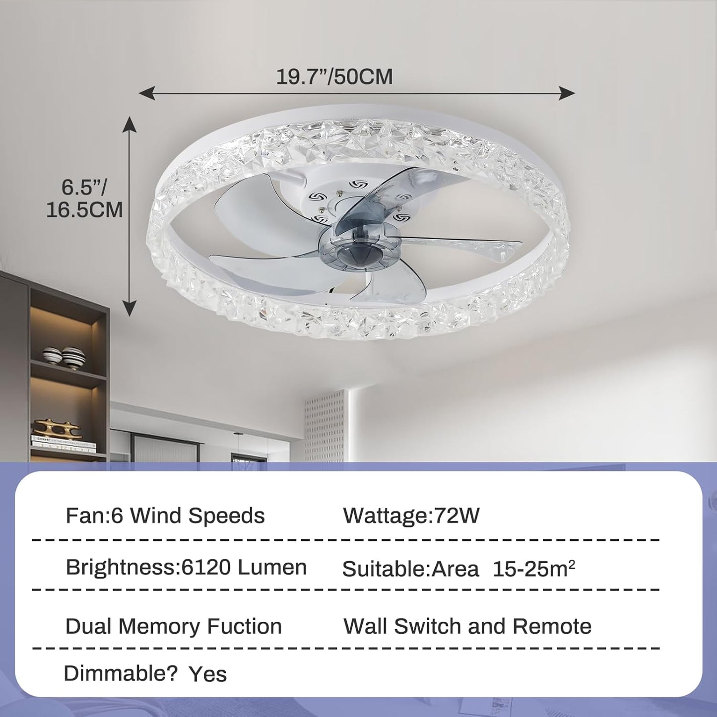 20" Modern Low Profile Ceiling Fan with Light Bedroom LED Ceiling Fan with Remote Control, Bladeless Flush Mount White Fan Lights Ceiling Fixtures for Living Room 3000K-6500K Fan Light