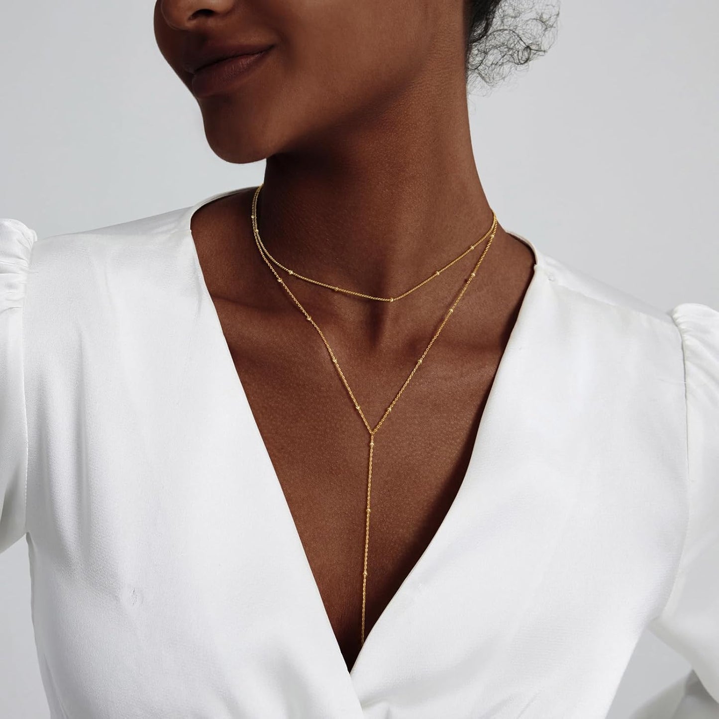 Lariat Gold Necklace for Women, Dainty Long Necklace 14k Gold Plated/Silver Y-Shaped Layered Beaded Chain Drop Necklaces for Women Trendy Simple Gold Jewelry for Women Gifts