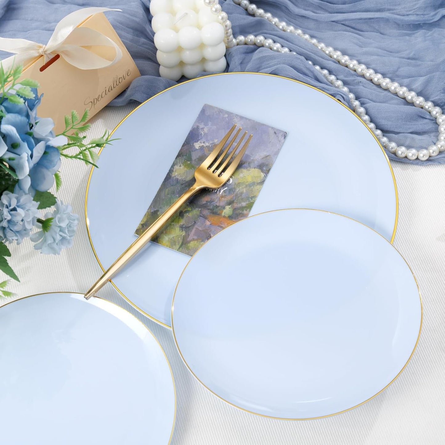 PULOTE 100PCS Blue Plastic Plates - Disposable Light Blue Include 50 Dinner & 50 Dessert/Salad Plates for Party, Wedding & Easter