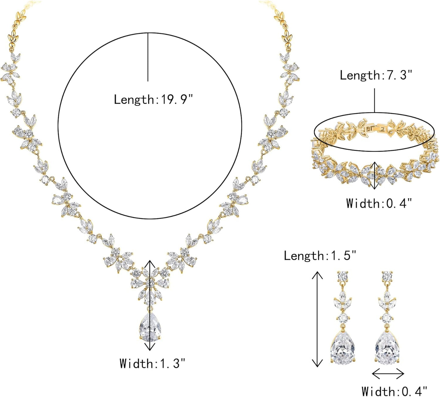 Crysdue Wedding Jewelry Set for Women, Floral Leaf Vine Teardrop Necklace Dangle Earrings Bracelet and Hair Comb, Cubic Zirconia Elegant Party Prom Jewellery for Bridal Bridesmaid