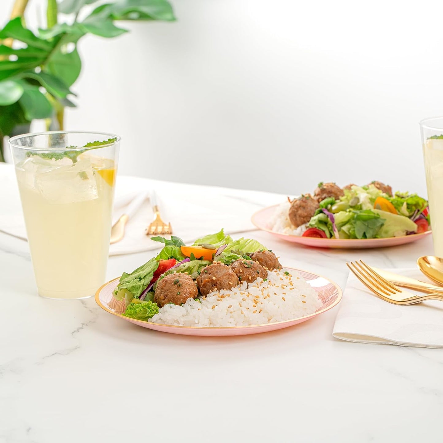 Restaurantware Plastic Plates 20 Pcs 7.25" Gold Rimmed Disposable Plates Heavy-Duty Pink Translucent Rippled Plastic Dinner Servers for Party, Weddings, Salads, Desserts, and Appetizers