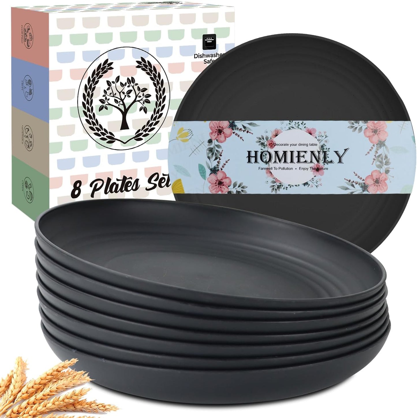 Homienly Deep Dinner Plates Set of 8 Alternative for Plastic Plates Microwave and Dishwasher Safe Wheat Straw Plates for Kitchen Unbreakable Plate Set for Camping, Picnic, Party (Black, 9 inch)