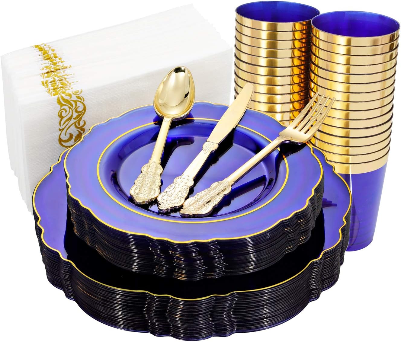 KIRE 210Pcs Blue Plastic Plates with Gold Rim& Disposable Plastic Silverware &Blue Cups&Hand Napkin- Baroque Clear Dinnerware for Parties/Wedding