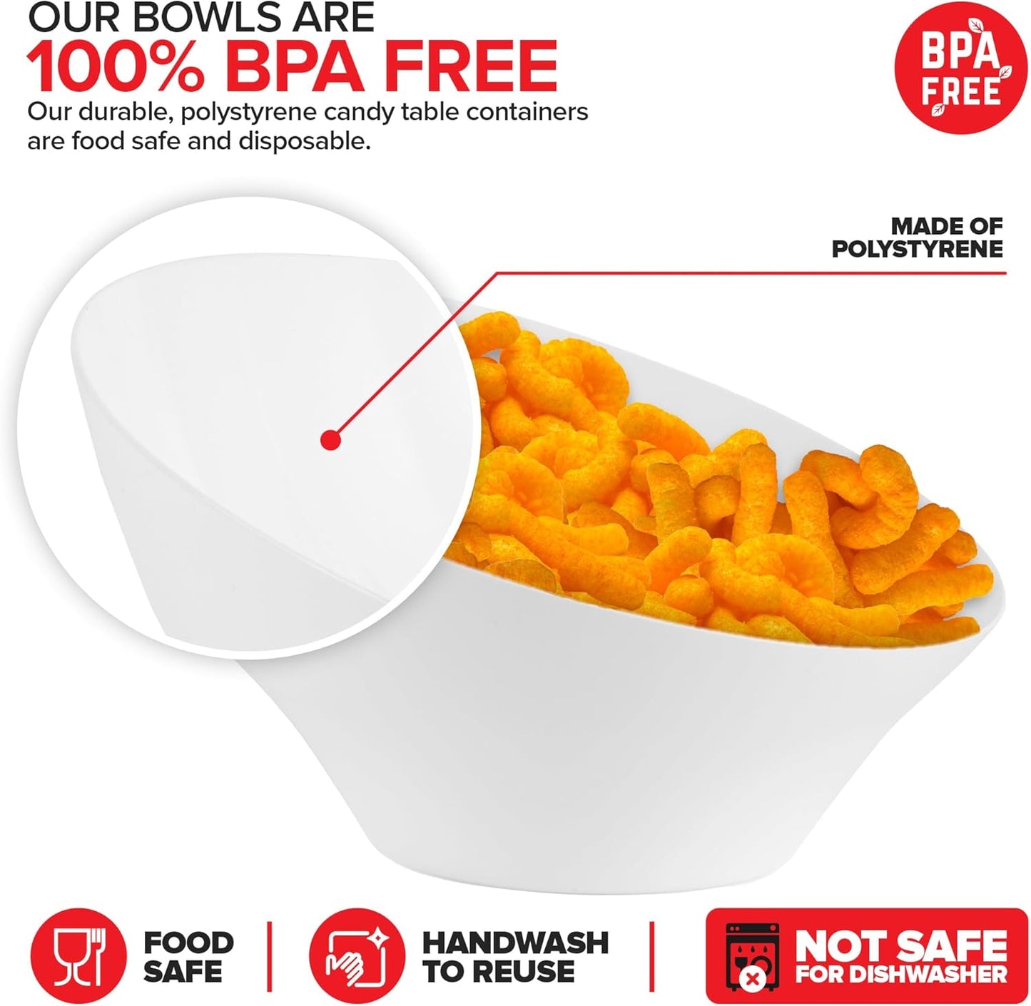 20oz White Plastic Serving Bowls (4 Pack) Medium Disposable Snack Bowl Candy Dishes, Buffet Containers for Chips, Popcorn, Snacks, Mints, Salad Bar, Parties, Office Desk, Bridal Shower, Party Supplies