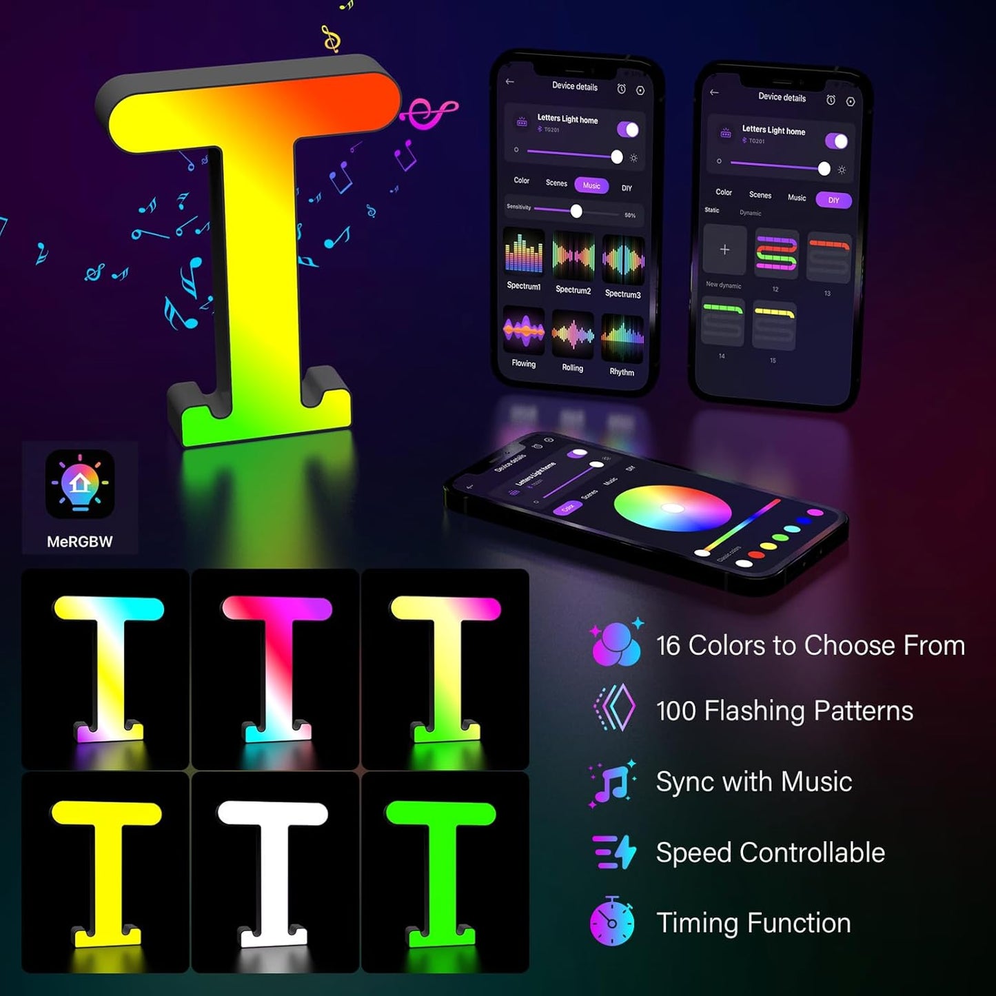 Light Up Letters Marquee Letter - Music Sync RGB Color Changing LED Lights Letter Logo Game Lights for Girls Women Party Birthday Christmas Valentine's Day Wall Desktop Decoration (MRGB-T)