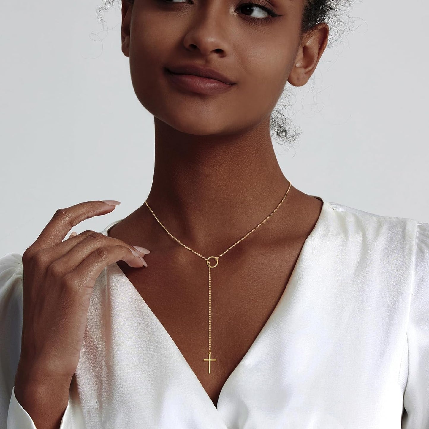 Lariat Gold Necklace for Women, Dainty Long Necklace 14k Gold Plated/Silver Y-Shaped Layered Beaded Chain Drop Necklaces for Women Trendy Simple Gold Jewelry for Women Gifts