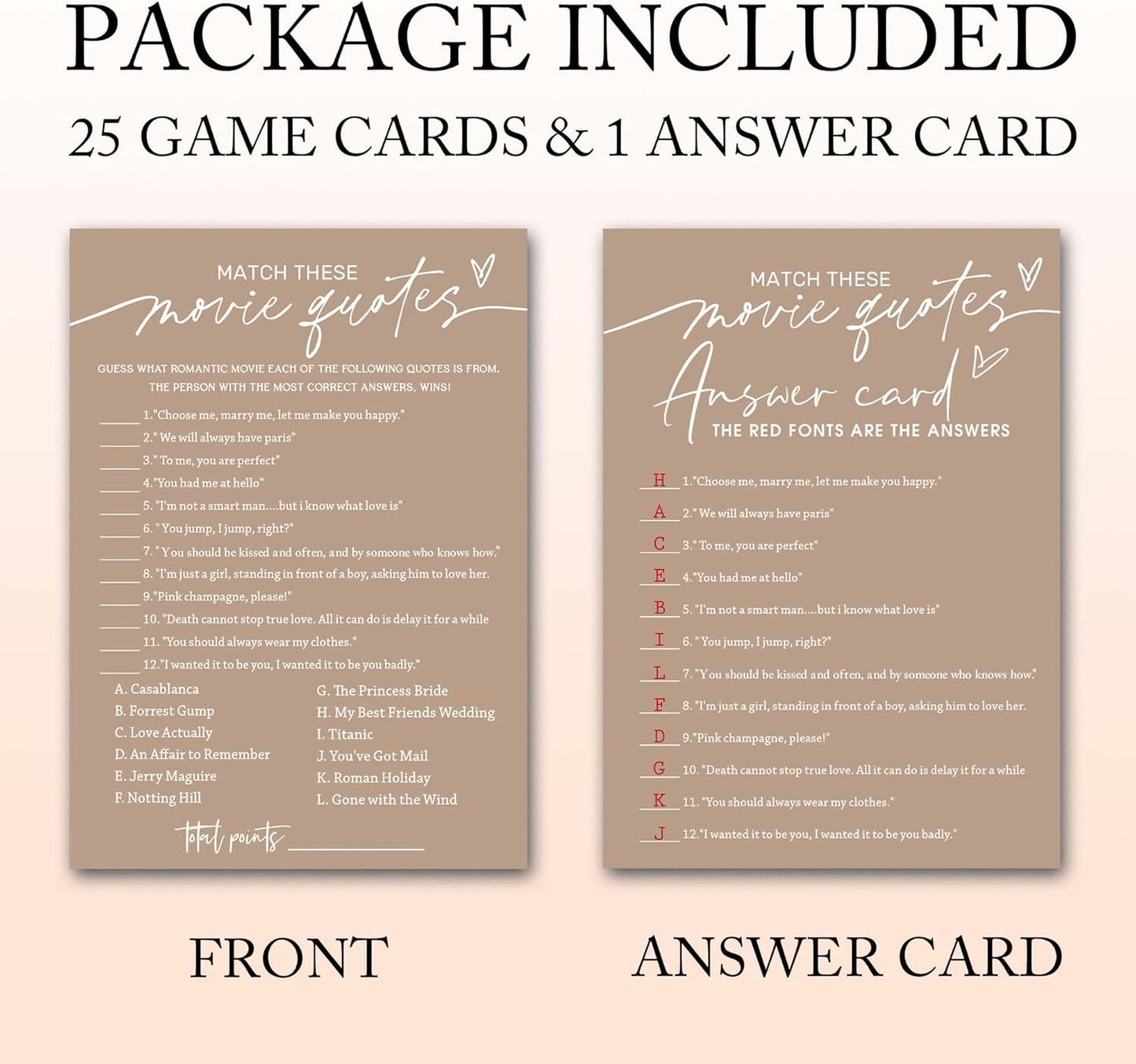 Bridal Shower Games Cards, Match These Movie Quotes, 25 Game Cards with 1 Answer Card, Engagement Party Wedding Games for Guests, Minimalist Brown Wedding Party Supplies - D09