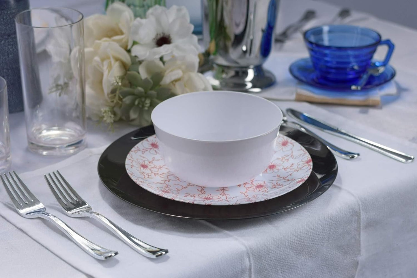 Trendables™ Premium Plastic Bowls, Disposable Food Grade Plastic Bowls - Flora Design - 40 Pack