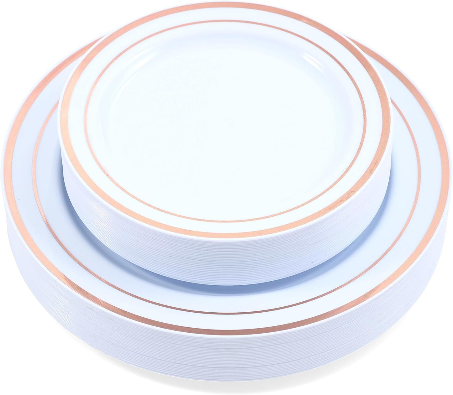 120-Piece Plastic Plates Set Premium 60 Dinner Plates & 60 Salad Plates, Disposable Plates for Party - White Plastic Wedding Plates with Rose Gold Rim