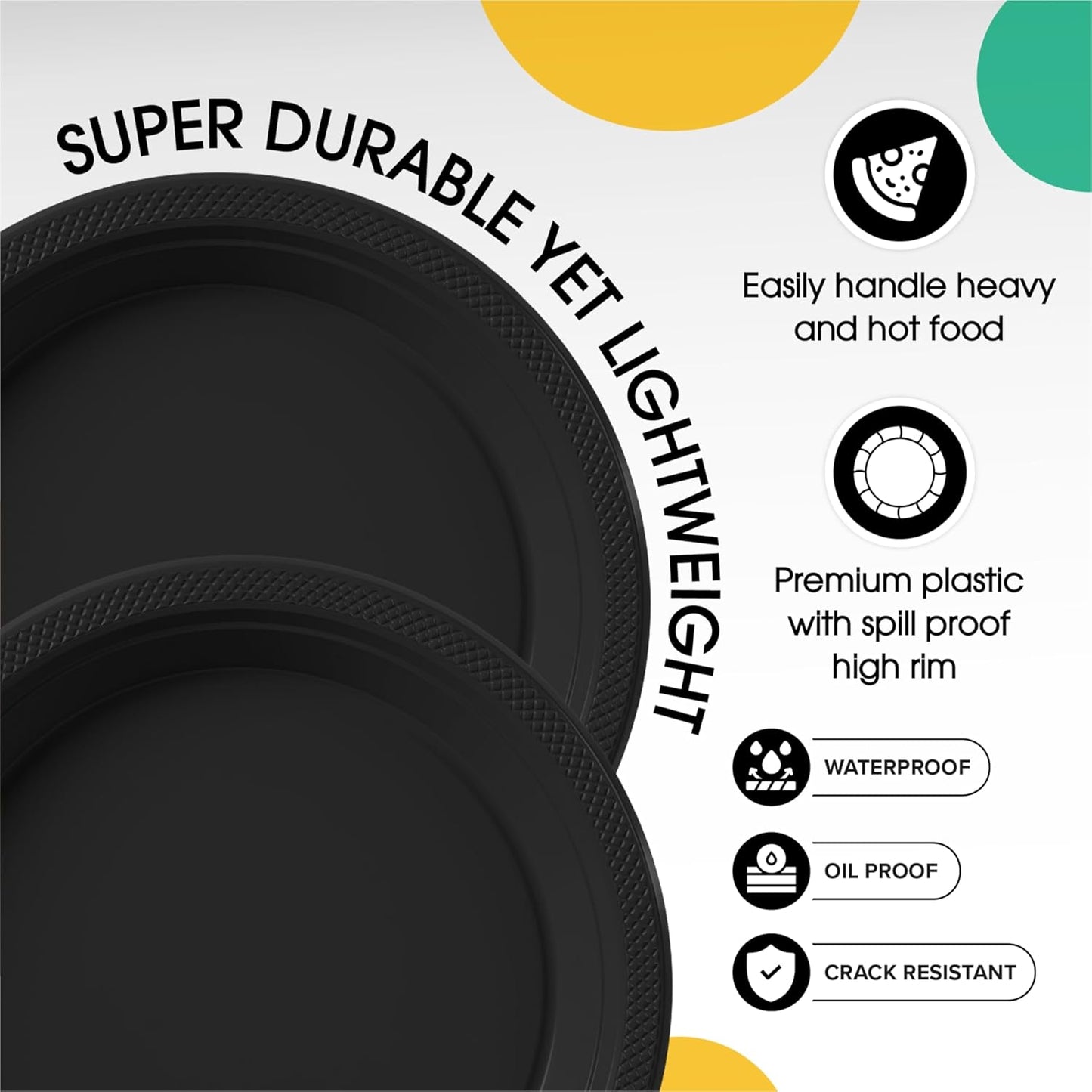Exquisite Party Solids Black Plastic Plates Bulk 9" Black Disposable Plates For Party Supplies 600 Pcs Disposable Dinner Plate Heavy Duty 350 GSM Plate Sets, Plastic Dinnerware Sets