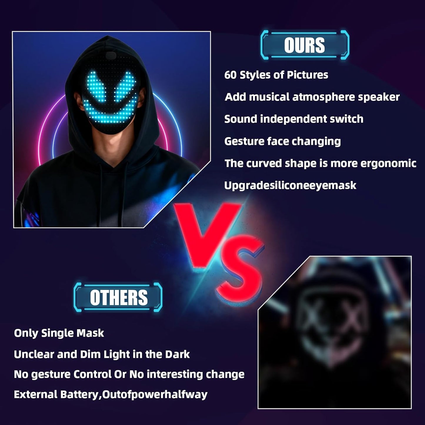 Led Mask Lighted Up Mask - Led Masks with Gesture Sensing Costume for Halloween Costume Cosplay Party Cool Gifts