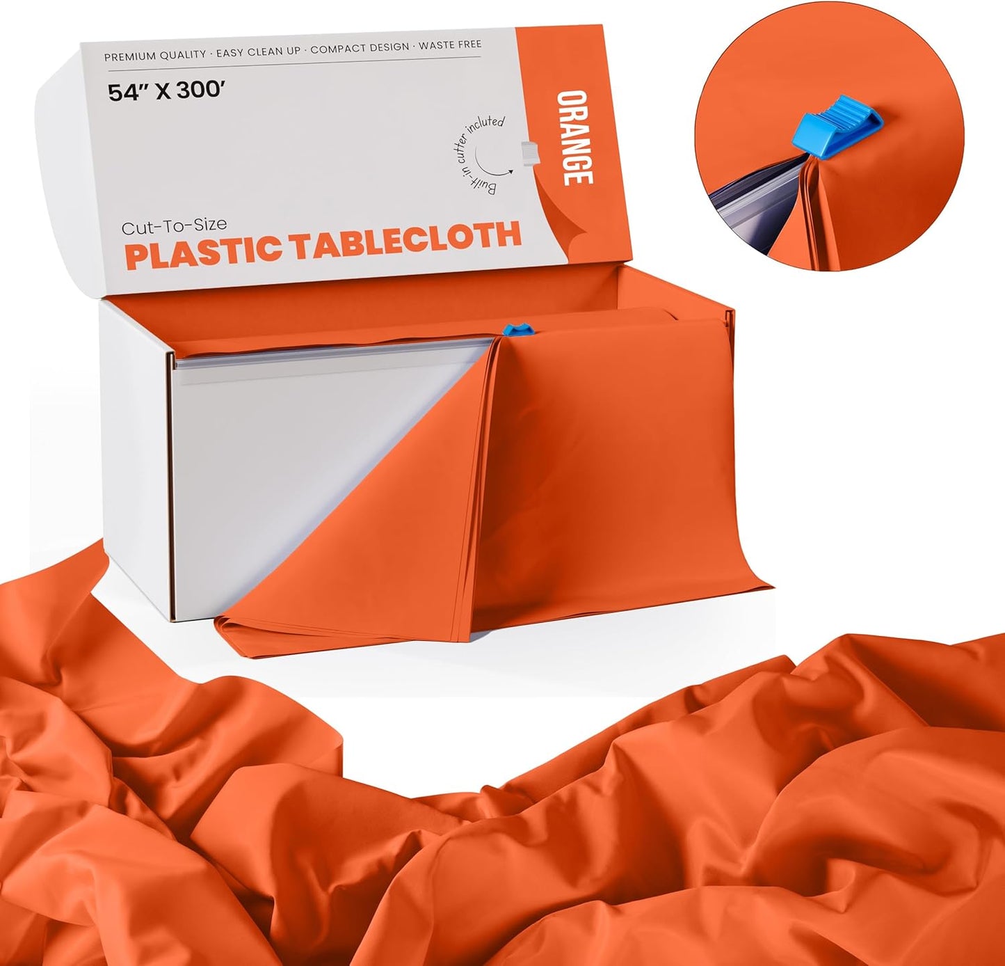 Party Solids 54 Inch X 300 Feet Orange Plastic Table Cover Roll in A Cut - to - Size Box with Convenient Slide Cutter. Cuts Up to 36 Rectangle 8 Feet Plastic Disposable Tablecloths