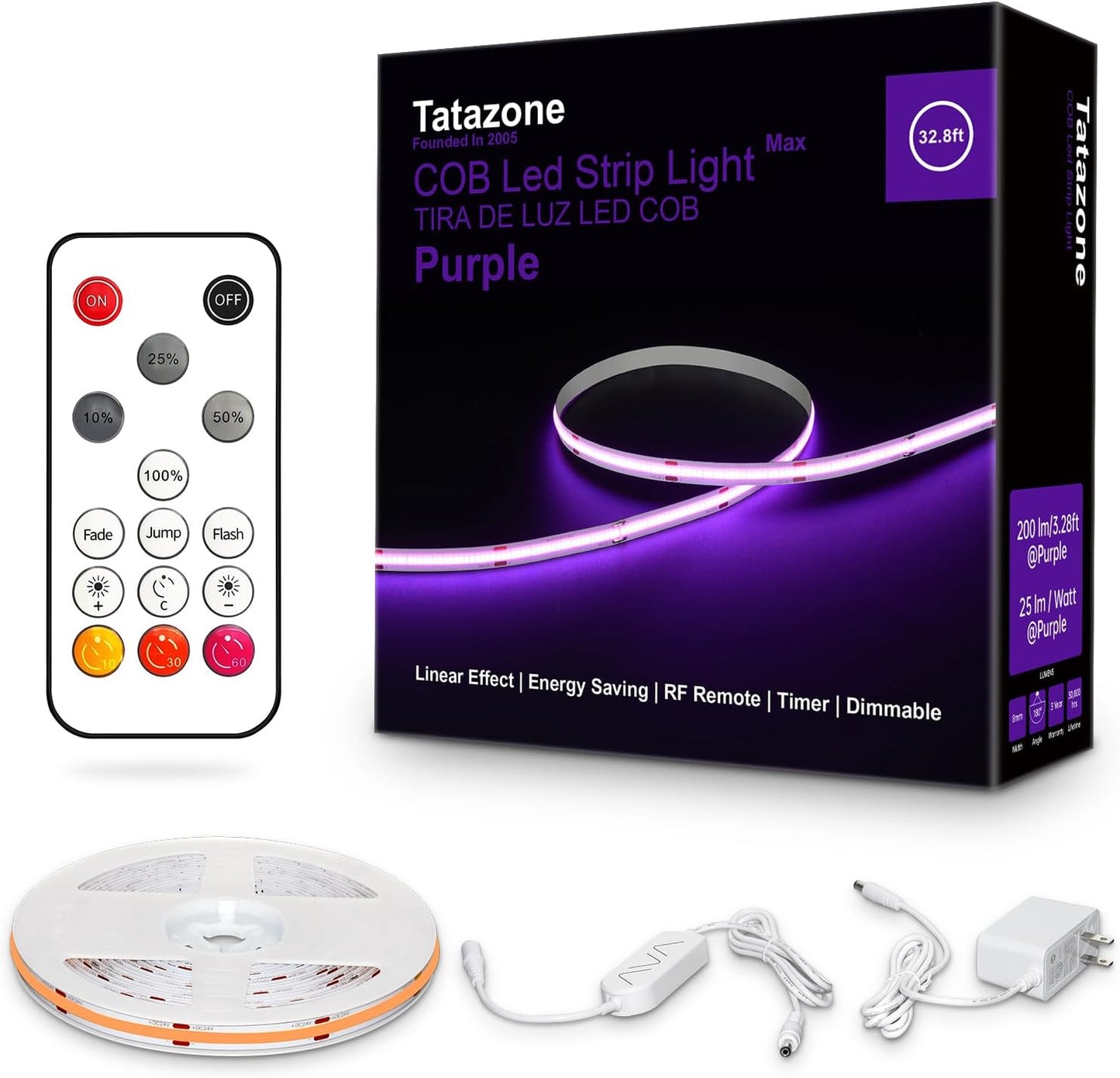 32.8ft Purple COB Led Strip Lights with Remote, Dimmable Bright Dotless Adhesive Indoor Led COB Light Strip for Cabinet, Painting, Room, Bed