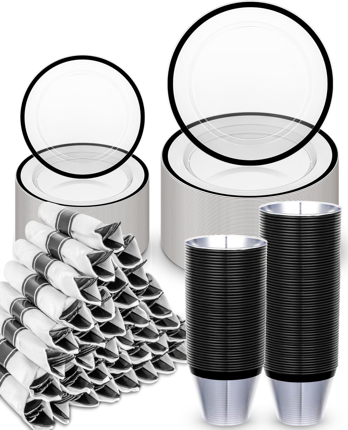 350Pcs Plastic Plates for Party, Disposable Clear Black Dinnerware Set for 50 Guests,100 Plastic Plates,50 Cups, 50 Pre-Rolled Napkins with Cutlery for Party, Wedding, Thanksgiving, Christmas