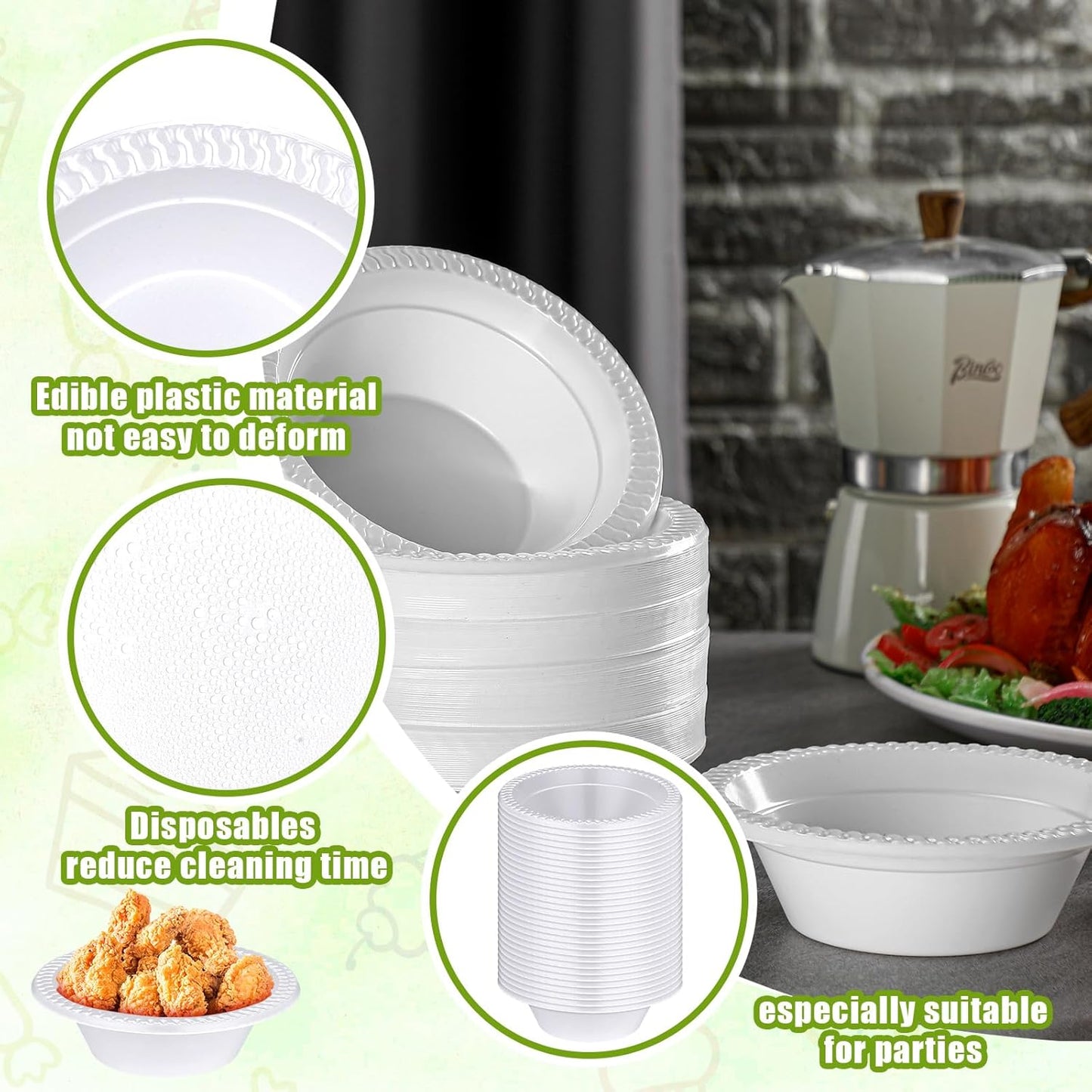 Lallisa 100 Pcs 12oz White disposable Plastic bowls Dessert Cups Ice Cream Snack Salad Soup Food Serving Bowls for Party Favor Picnic