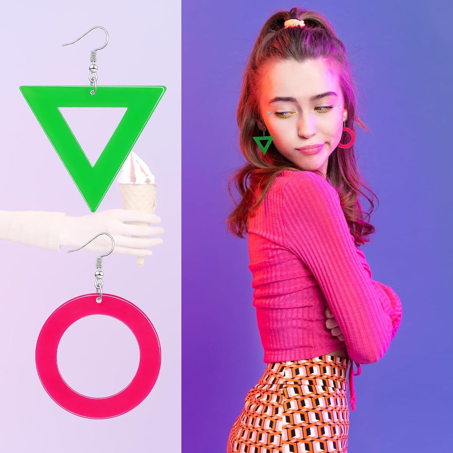 80s Neon Earrings for Women Acrylic Lightning Bolt Drop Earrings Retro 80s 90s Glow Party Accessories Neon Jewelry for Halloween Costume Outfit