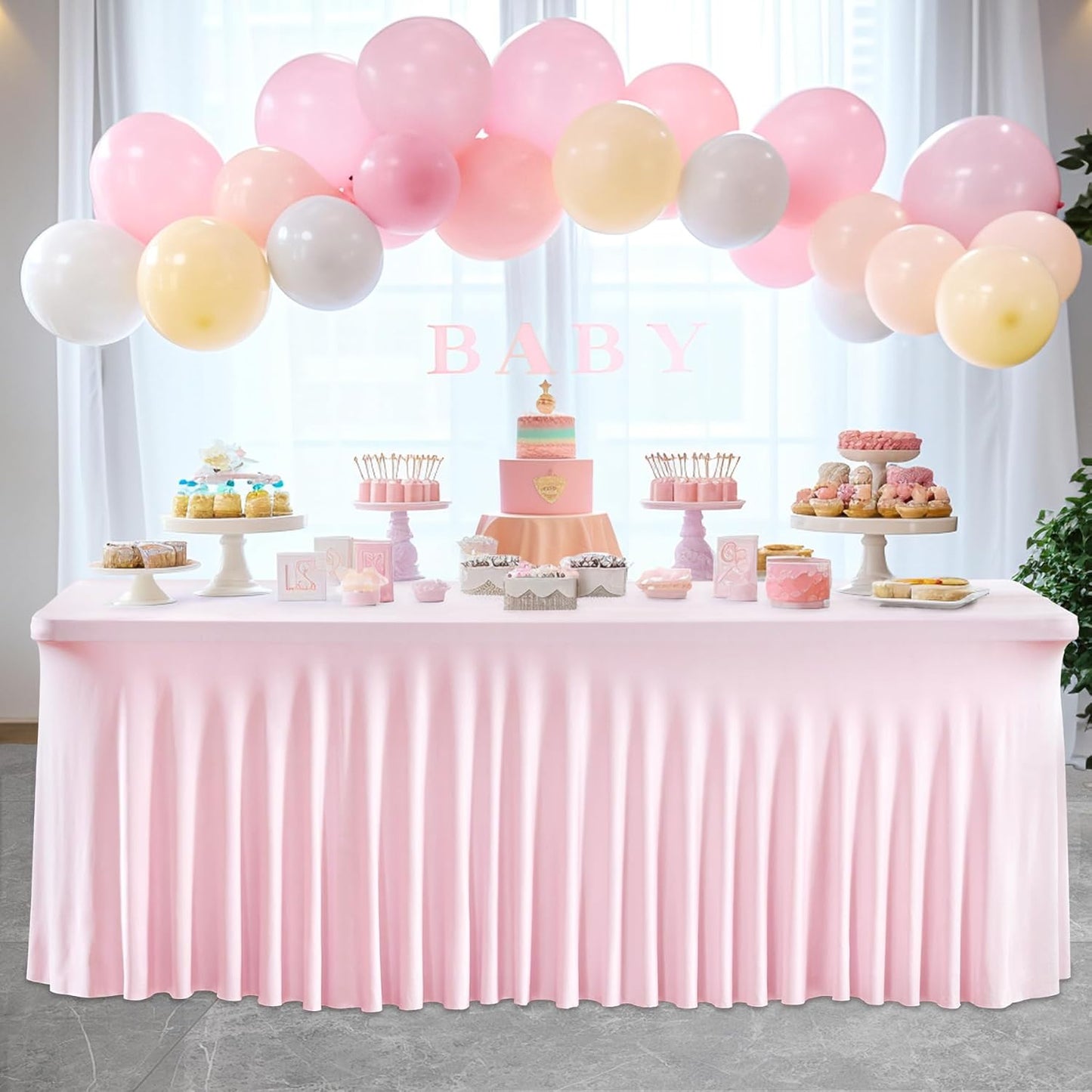 2 Packs Pink Table Clothes for 8 Foot Rectangle Tables, One-Piece Wrinkle Resistant Stretch Spandex Table Covers with Skirt for Event Banquet Wedding Birthday Party