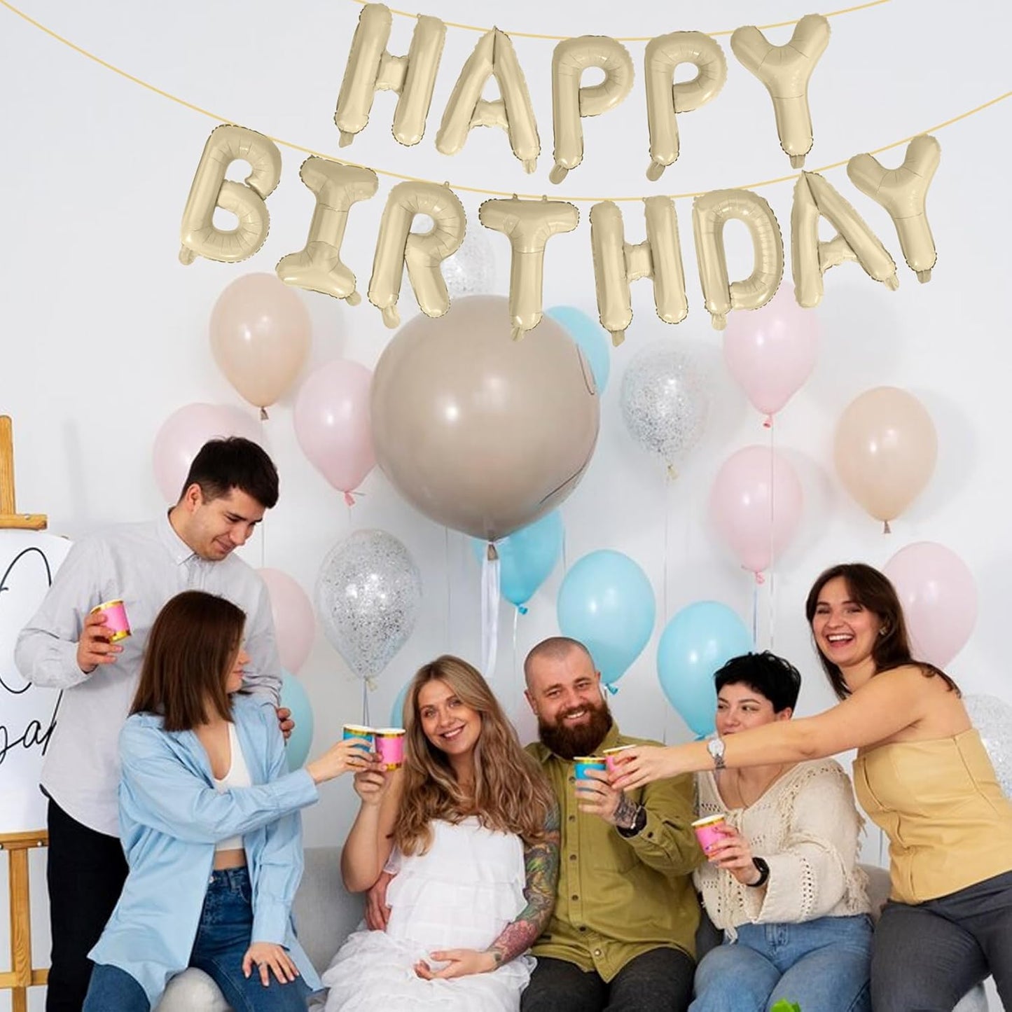 LIOZEOKUN Happy Birthday Balloon Letters 16 inch Mylar Foil Birthday Balloons Banner Sign for Birthday Party Decorations Supplies (Cream)