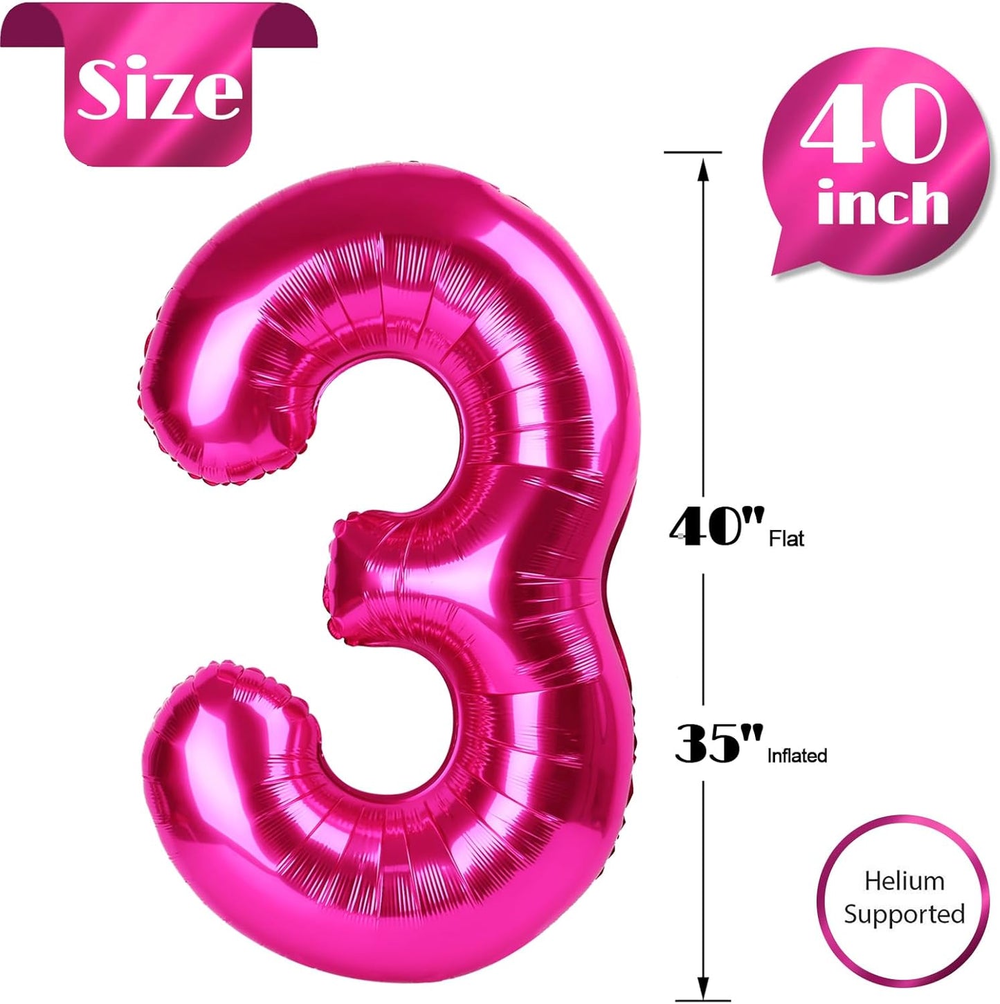 Hot Pink 3 Balloon, Number Balloons 40 Inch, 3rd Birthday Decorations for Kids Girls Women Party Supplies for Party Decorations, Number 3 Balloon