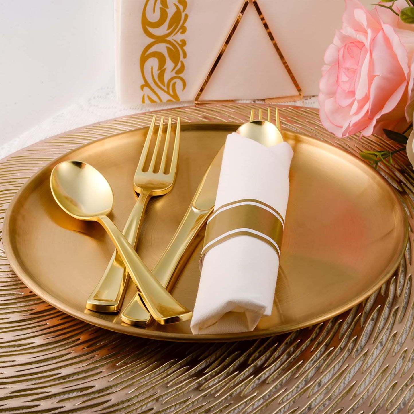 Pre Rolled Gold Plastic Cutlery - Gold Disposable Plastic Silverware, 100 Pack Wrapped Silverware, Disposable Utensils with 100 Forks 100 Knives 100 Spoons 100 Dinner Napkins for Party